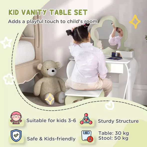 ZONEKIZ Kids Vanity Table with Mirror and Stool, Drawer, Storage Boxes, Flower Design, for Ages 3-6 Years - White - 4