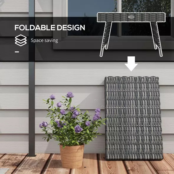 Outsunny Foldable Outdoor Side Table, Rattan Garden Coffee Table with Steel Frame, Space Saving Bistro Garden Furniture for Patio, Balcony, 60 x 41 x 41 cm, Mixed Grey - 6