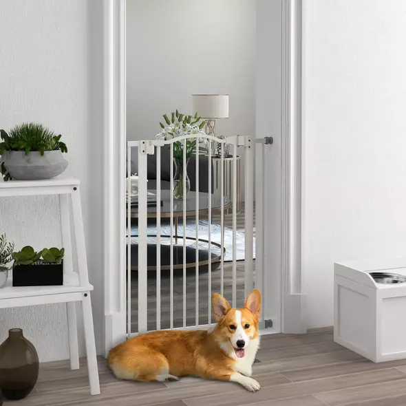 PawHut Pressure Fit Dog Stair Gate No Drilling Safety Gate Auto Close for Doorways, Hallways, 74-80cm Adjustable, 94cm Tall, White - 2