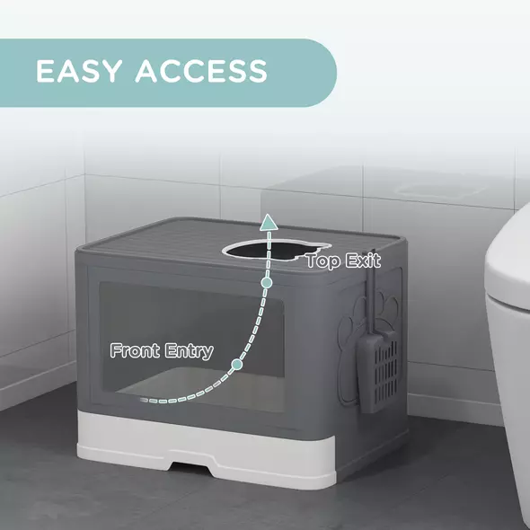 PawHut Enclosed Cat Litter Box with lid, Front Entry, Top Exit, Drawer, Tray, Scoop, Brush, 48.5 x 38 x 36.5cm - Grey - 5