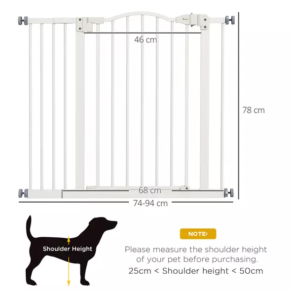PawHut Metal 74-94cm Adjustable Pet Gate Safety Barrier w/ Auto-Close Door White - 3