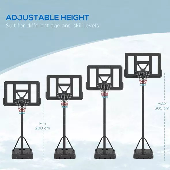 SPORTNOW Height Adjustable Basketball Stand Net Set System, Freestanding Basketball Hoop and Stand w/ Wheels, 200-305cm - Black - 5
