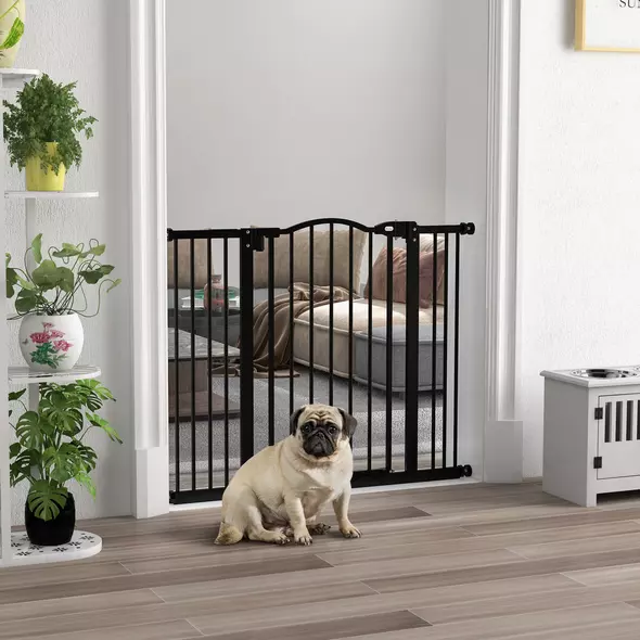PawHut Metal 74-100cm Adjustable Pet Gate Safety Barrier w/ Auto-Close Door Black - 2