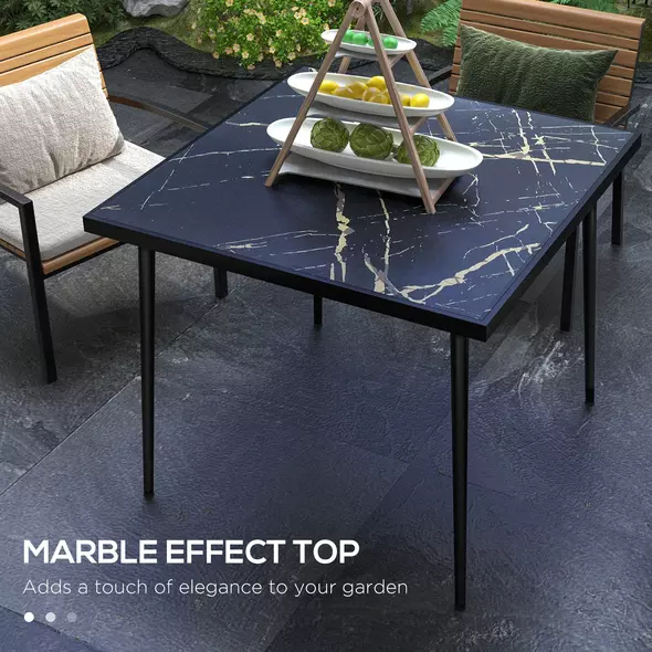 Outsunny Square Garden Table, Outdoor Dining Table for 4 with Marble Effect Tempered Glass Top and Steel Frame for Patio, Black - 4