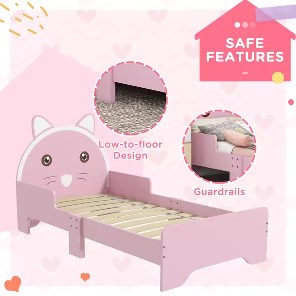 ZONEKIZ Bed for Kids Cat Design Toddler Bed Frame Bedroom Furniture with Guardrails, for 3-6 Years, 143L x 74W x 72Hcm - Pink - 5