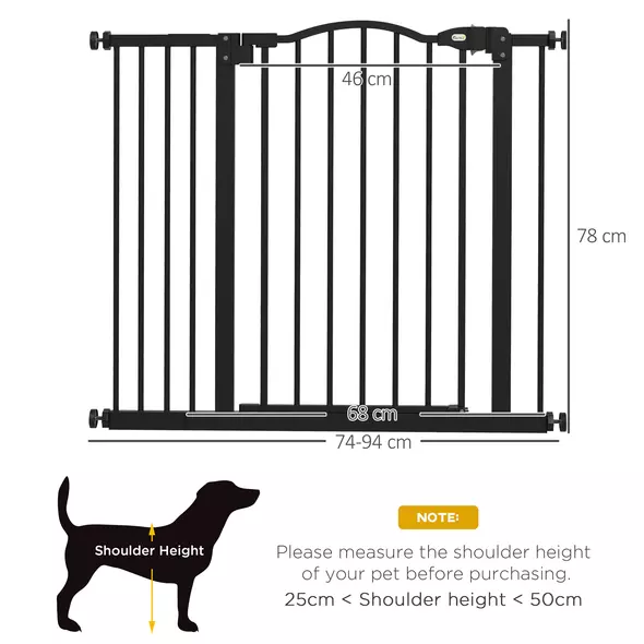 PawHut Metal 74-94cm Adjustable Pet Gate Safety Barrier w/ Auto-Close Door Black - 3