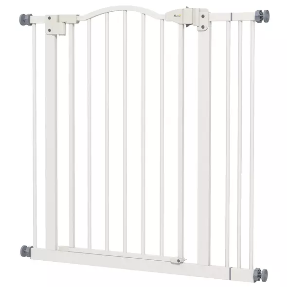 PawHut Metal 74-87cm Adjustable Pet Gate Safety Barrier w/ Auto-Close Door White - 1