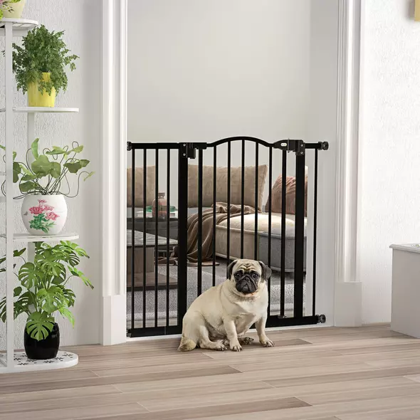 PawHut Metal 74-94cm Adjustable Pet Gate Safety Barrier w/ Auto-Close Door Black - 2