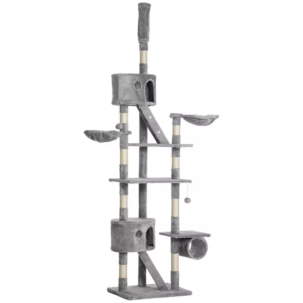 PawHut Floor to Ceiling Cat Tree for Indoor Cats, 240-260cm, Adjustable Height - Light Grey - 1