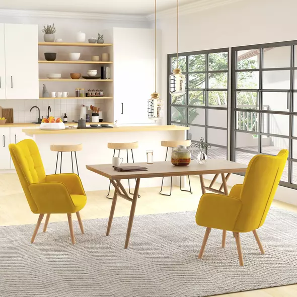 HOMCOM Modern Accent Chair Velvet-Touch Tufted Wingback Armchair Upholstered Leisure Lounge Sofa Club Chair with Wood Legs, Set of 2, Yellow - 2