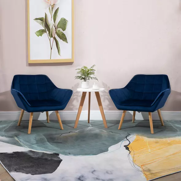 HOMCOM Armchair Accent Chair, Vanity Chair with Wide Arms, Slanted Back, Padding, Metal Frame, Wooden Legs, Home Bedroom Furniture Seating, Set of 2, Blue - 2