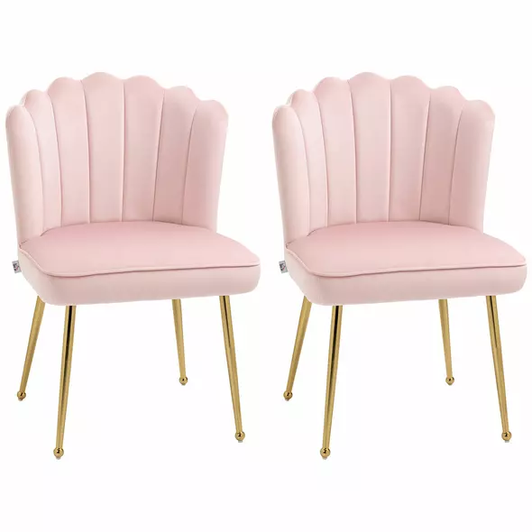 HOMCOM Shell Dining Chairs Set of 2, Upholstered Kitchen Chairs with Gold Metal Legs and Backrest, Velvet Fabric Lounge Leisure Chairs for Living Room, Reception Room, Pink - 1