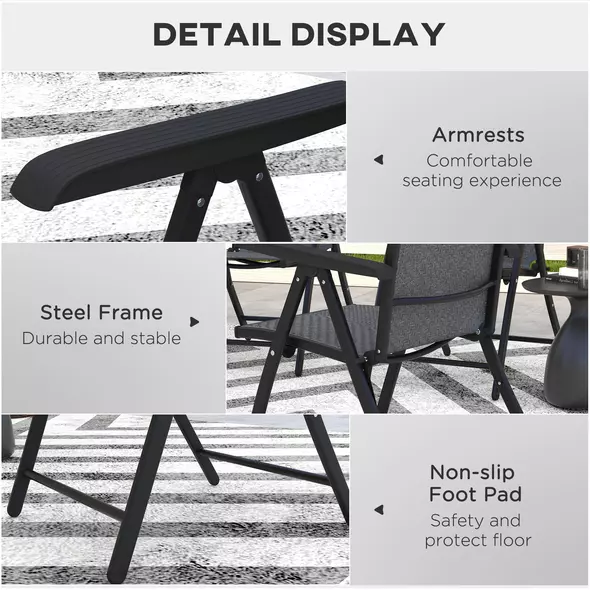 Outsunny Set of Two Folding Garden Chairs, with Seven-Position Adjustable Backs - Grey - 7