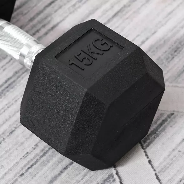 HOMCOM 2x15kg Rubber Hex Dumbbell Portable Hand Weights Dumbbell Home Gym Workout Fitness Hand Dumbbell - 8