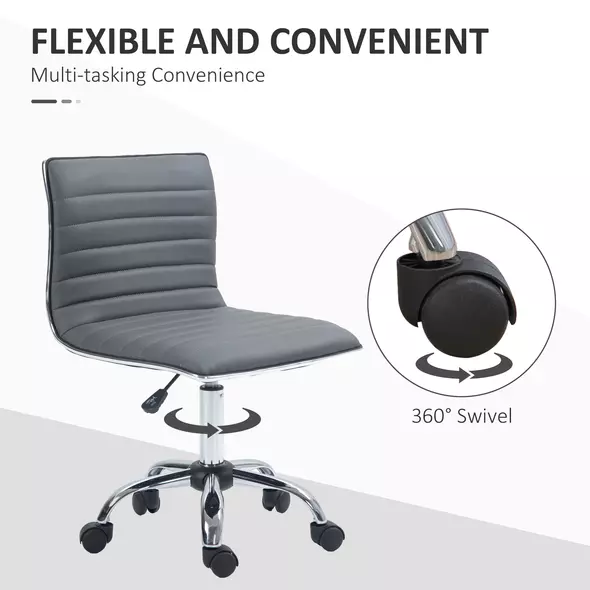 HOMCOM Armless Task Desk Chair, Swivel Office Chair with Faux Leather, Adjustable Seat Height, Chrome Base, Wheels for Home, Dark Grey - 6
