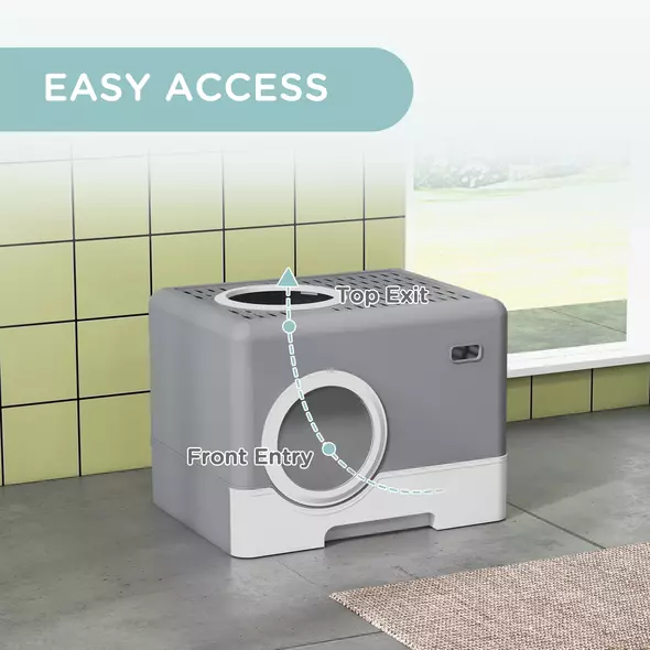 PawHut Enclosed Cat Litter Box, with Lid, Front Entry, Top Exit, Pull-Out Tray, Scoop - Grey - 5