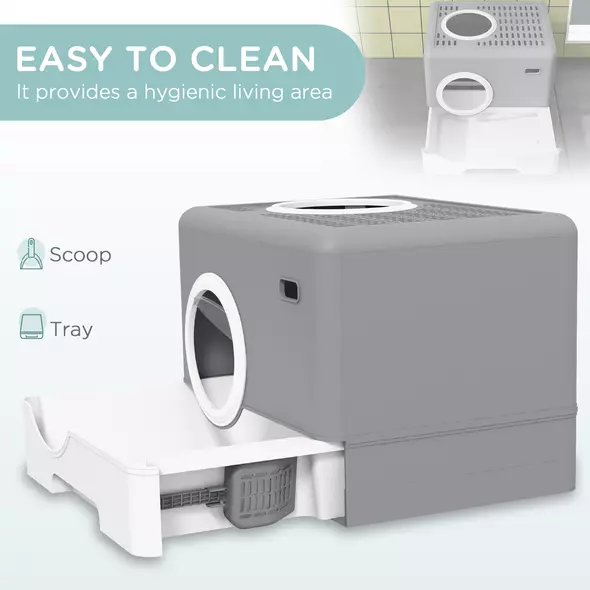 PawHut Enclosed Cat Litter Box, with Lid, Front Entry, Top Exit, Pull-Out Tray, Scoop - Grey - 4