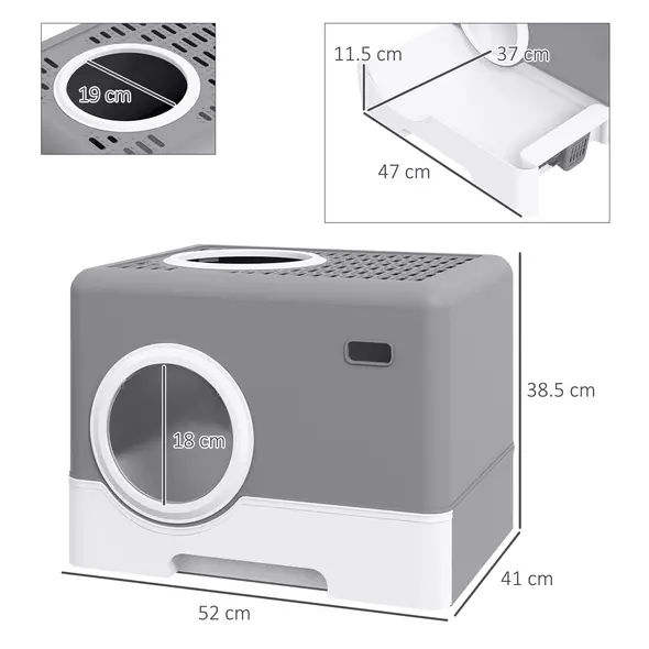 PawHut Enclosed Cat Litter Box, with Lid, Front Entry, Top Exit, Pull-Out Tray, Scoop - Grey - 3
