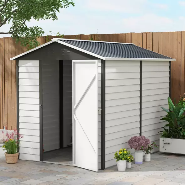 Outsunny 9x 6FT Metal Outdoor Garden Shed, Galvanised Tool Storage Shed w/ Sloped Roof, Lockable Door for Patio Lawn, Dark Grey - 6