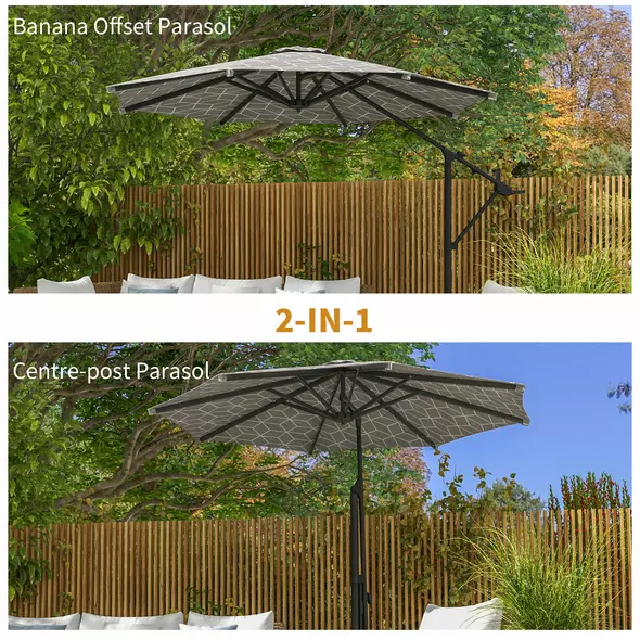 Outsunny 3(m) Convertible Cantilever Parasol and Centre-post Garden Parasol with Cross Base, 360° Rotation Banana Parasol with Crank Handle and 8 Ribs, Hanging Patio Umbrella, Black and White - 4