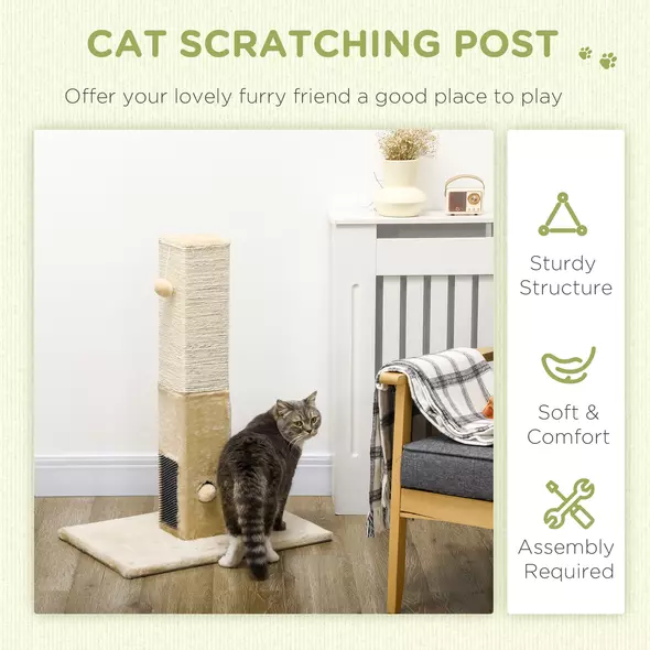 PawHut Jute Cat Scratching Post w/ Carpet Base Hanging Toy - Beige - 4