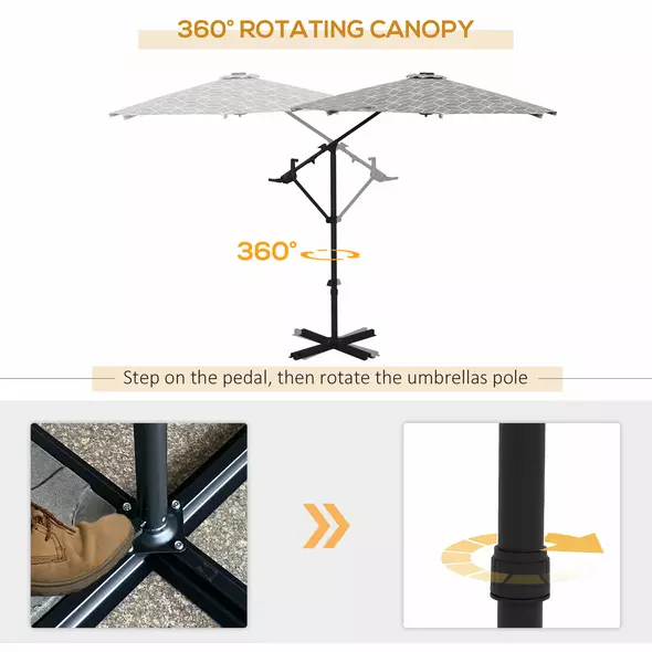 Outsunny 3(m) Convertible Cantilever Parasol and Centre-post Garden Parasol with Cross Base, 360° Rotation Banana Parasol with Crank Handle and 8 Ribs, Hanging Patio Umbrella, Black and White - 5
