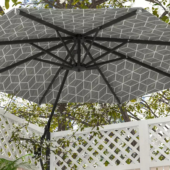 Outsunny 3(m) Convertible Cantilever Parasol and Centre-post Garden Parasol with Cross Base, 360° Rotation Banana Parasol with Crank Handle and 8 Ribs, Hanging Patio Umbrella, Black and White - 9