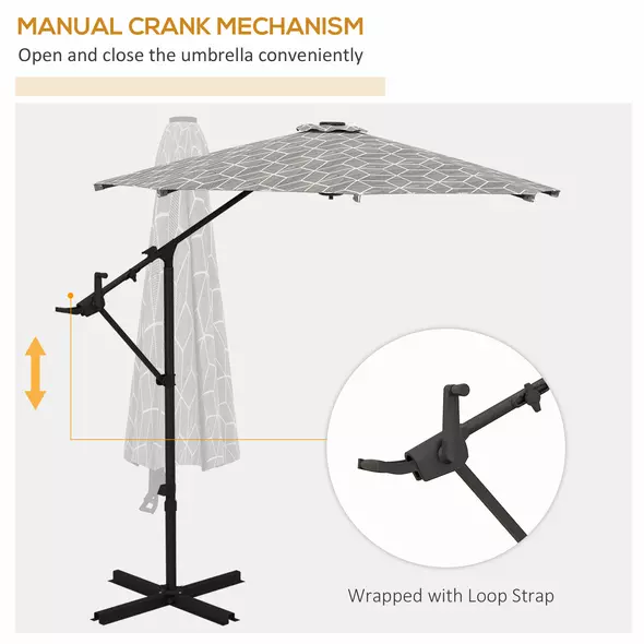 Outsunny 3(m) Convertible Cantilever Parasol and Centre-post Garden Parasol with Cross Base, 360° Rotation Banana Parasol with Crank Handle and 8 Ribs, Hanging Patio Umbrella, Black and White - 6
