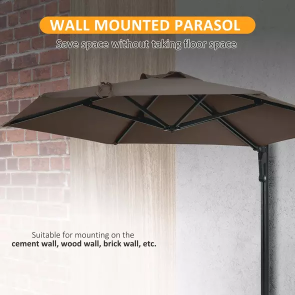 Outsunny 2.5m Wall Mounted Parasol, Hand to Push Outdoor Patio Umbrella with 180 Degree Rotatable Canopy for Porch, Deck, Garden, 250 cm, Khaki - 8
