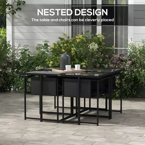 Outsunny 5 Piece Garden Dining Set with Breathable Mesh Seat, Adjustable Backrest, Tempered Glass Table Top for Patio, Black - 4