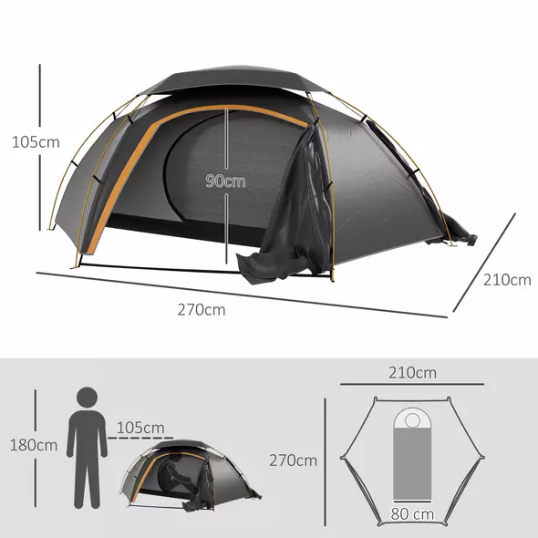 Outsunny Aluminium Frame Camping Tent Dome Tent with Removable Rainfly, 2000mm Waterproof, for 1-2 Man, Grey - 3