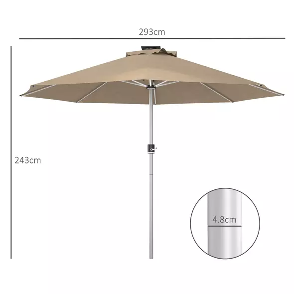 Outsunny 3m Parasol, with Solar-Powered LED Lights - Khaki - 3