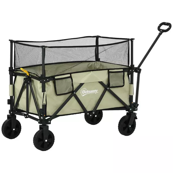 Outsunny Folding Garden Trolley, 180L Wagon Cart with Extendable Side Walls, for Beach, Camping, Festival, Green - 1