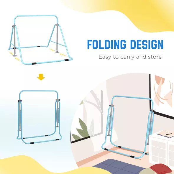 HOMCOM Kids Gymnastic Bar, with Adjustable Height, Foldable Horizontal Bars - Light Blue - 6