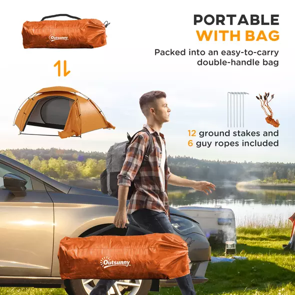 Outsunny Aluminium Frame Camping Tent Dome Tent with Removable Rainfly, 2000mm Waterproof, for 1-2 Man, Orange - 7