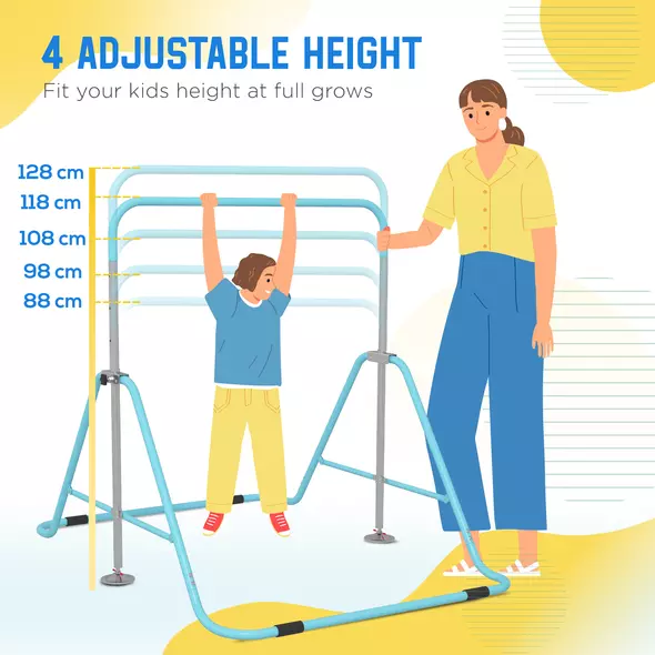 HOMCOM Kids Gymnastic Bar, with Adjustable Height, Foldable Horizontal Bars - Light Blue - 4
