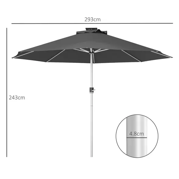 Outsunny 3m Parasol, with Solar-Powered LED Lights - Grey - 3