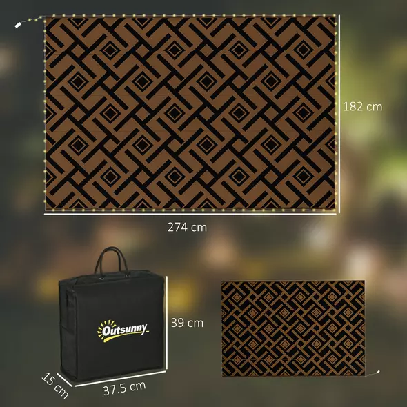 Outsunny Plastic Straw Reversible RV Outdoor Rug with LED String Light, 182 x 274cm, Brown and Black - 3