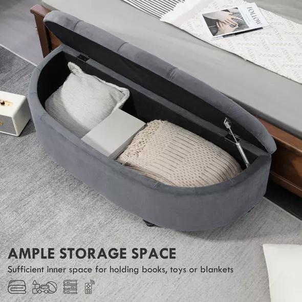 HOMCOM Velvet-Feel Half Circle Storage Ottoman - Dark Grey - 4