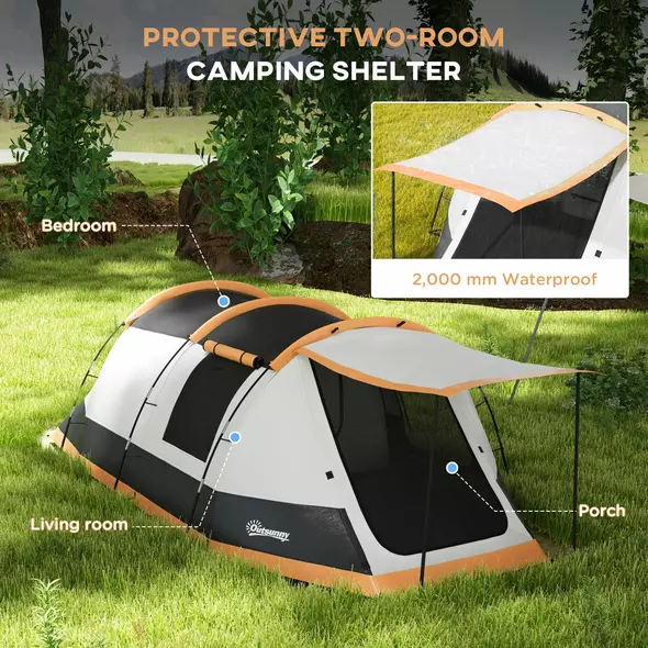 Outsunny Three-Man Camping Tent, with Two Rooms and Porch - Orange - 4
