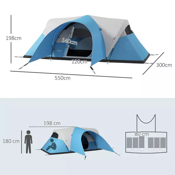 Outsunny 3000mm Waterproof Camping Tent for 5-6 Man, Family Tent with Porch and Sewn in Groundsheet, Portable with Bag, Blue - 3