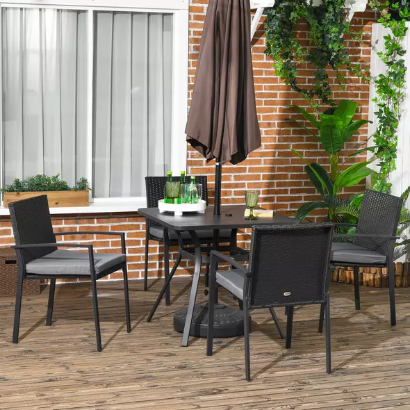 Outsunny Five-Piece Garden Dining Set, with Rattan Seat Chairs and Cushions - Black - 2