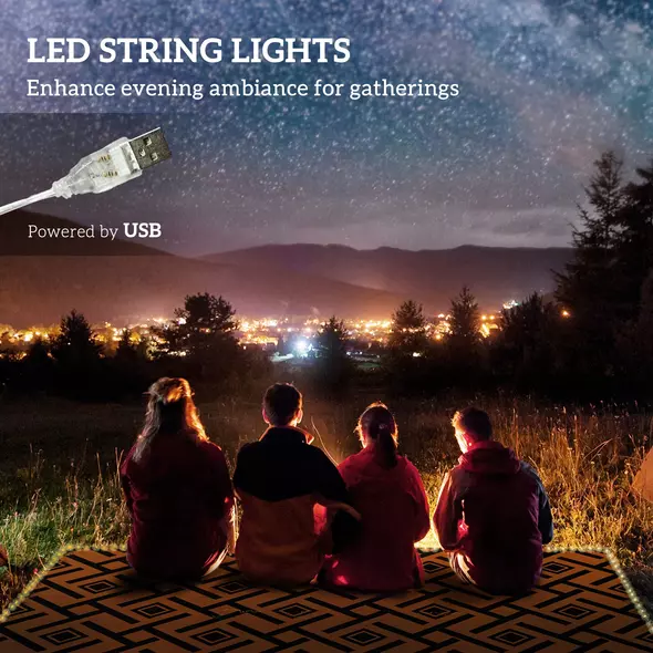 Outsunny Plastic Straw Reversible RV Outdoor Rug with LED String Light, 182 x 274cm, Brown and Black - 4