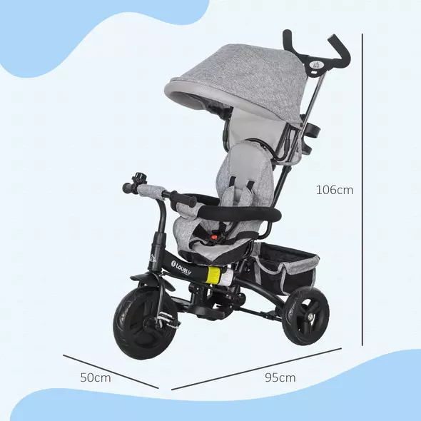 HOMCOM 6 in 1 Kids Trike Push Bike w/ Push Handle, Canopy, 5-point Safety Belt, Storage, Footrest, Brake, for 1-5 Years, Grey - 3