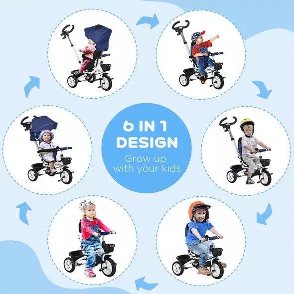 HOMCOM Metal Frame 6 in 1 Baby Push Tricycle with Parent Handle for 1-5 Years Old, Dark Blue - 4
