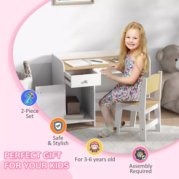 ZONEKIZ Kids Desk and Chair Set for 3-6 Years with Storage Drawer, Study Table and Chair for Children - White - 6