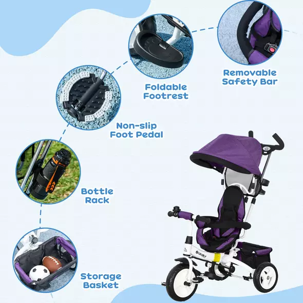 HOMCOM 6 in 1 Kids Trike Push Bike w/ Push Handle, Canopy, 5-point Safety Belt, Storage, Footrest, Brake, for 1-5 Years, Purple - 7