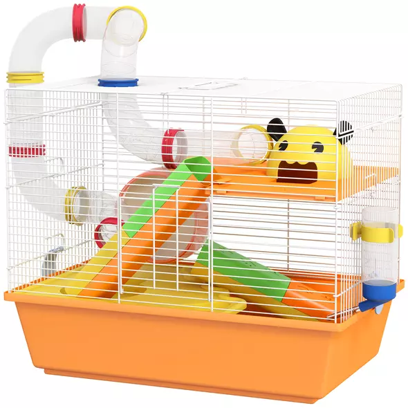 PawHut 3 Tiers Gerbil Cage, Hamster Cage with Tubes, Exercise Wheel, Ladder, Top Handle, 45 x 28 x 37cm - Orange - 1