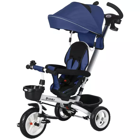 HOMCOM Metal Frame 6 in 1 Baby Push Tricycle with Parent Handle for 1-5 Years Old, Dark Blue - 1