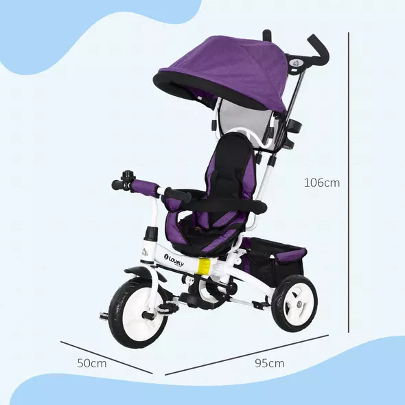 HOMCOM 6 in 1 Kids Trike Push Bike w/ Push Handle, Canopy, 5-point Safety Belt, Storage, Footrest, Brake, for 1-5 Years, Purple - 3